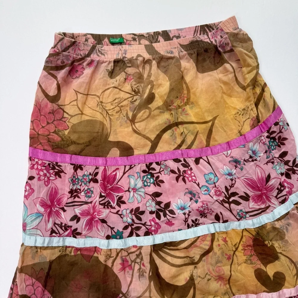 United Colors of Benetton Vintage Silk Tiered Print Skirt Lace‎ Size 42 US 6